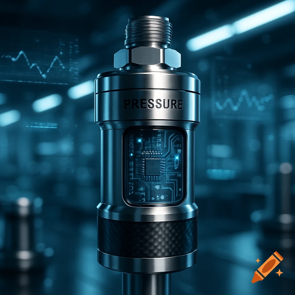 Close-up of a metallic pressure sensor with glowing internal circuitry, against a blurred high-tech background.