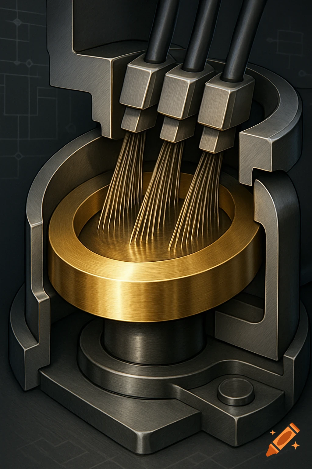 Detailed cross-section of a slip ring showing golden brushes making contact on a polished gold ring within a dark metallic housing.