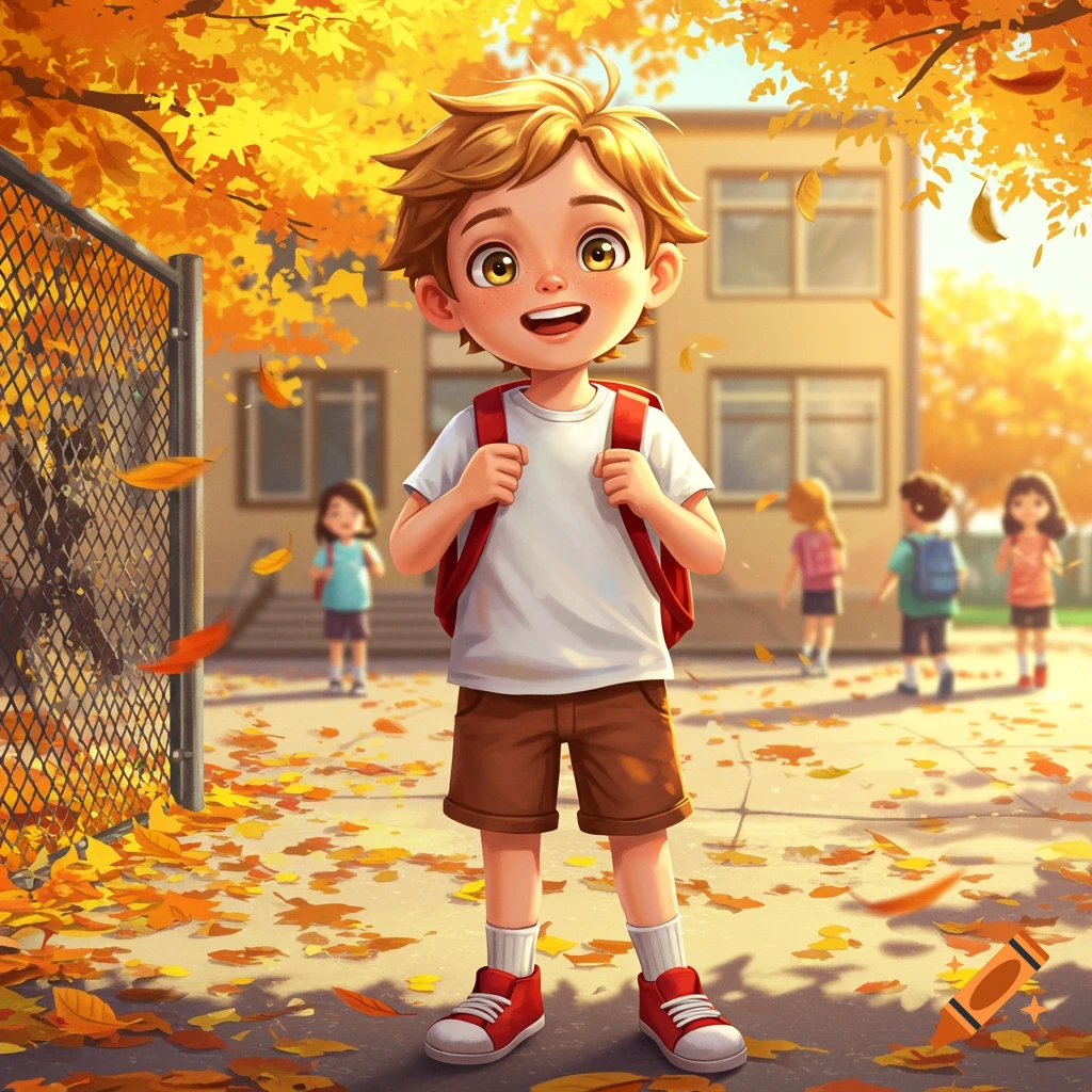 A happy cartoon boy with a red backpack stands in front of a school building amidst falling autumn leaves.