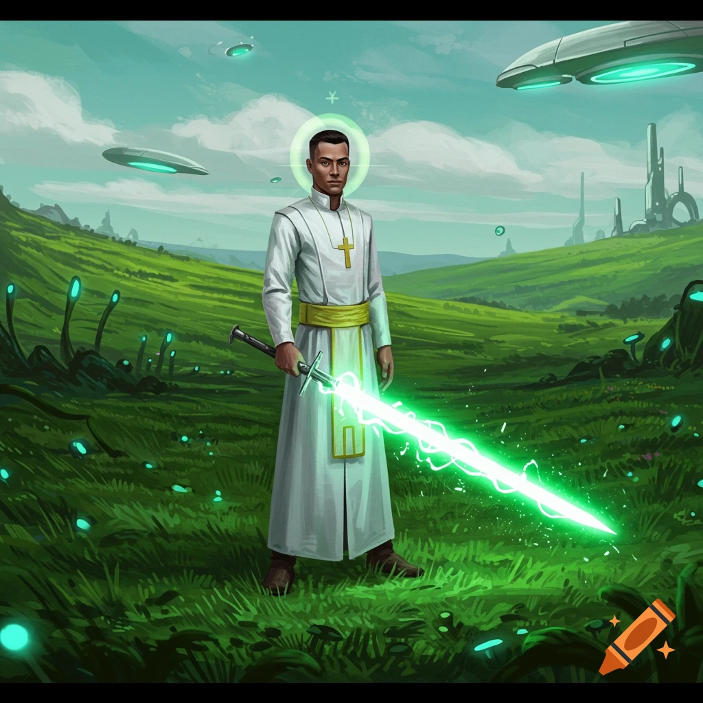 A man in white priestly robes with a halo stands in a vibrant green alien landscape with futuristic buildings and UFOs, wielding a glowing green energy sword.