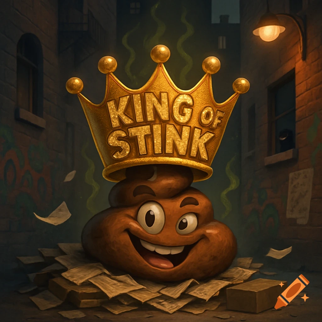 A smiling cartoon poop emoji wearing a golden crown that says "KING OF STINK" sits on a pile of papers in a dark city alley.