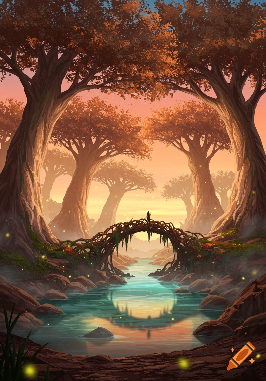 Fantasy digital art of a person on a root bridge crossing a glowing stream in an enchanted forest at sunset.