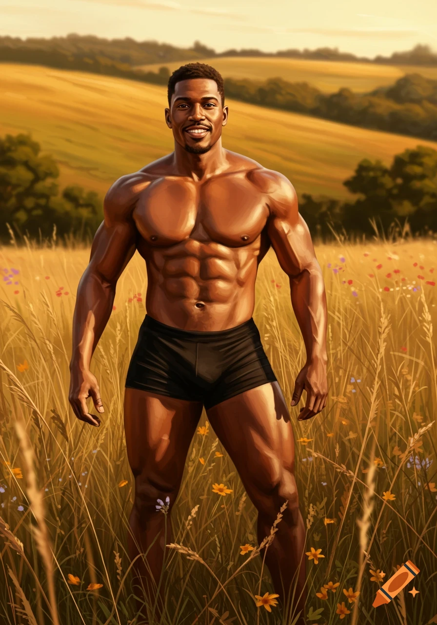 A muscular Black man smiles while standing shirtless in a sunny field of tall grass and wildflowers.