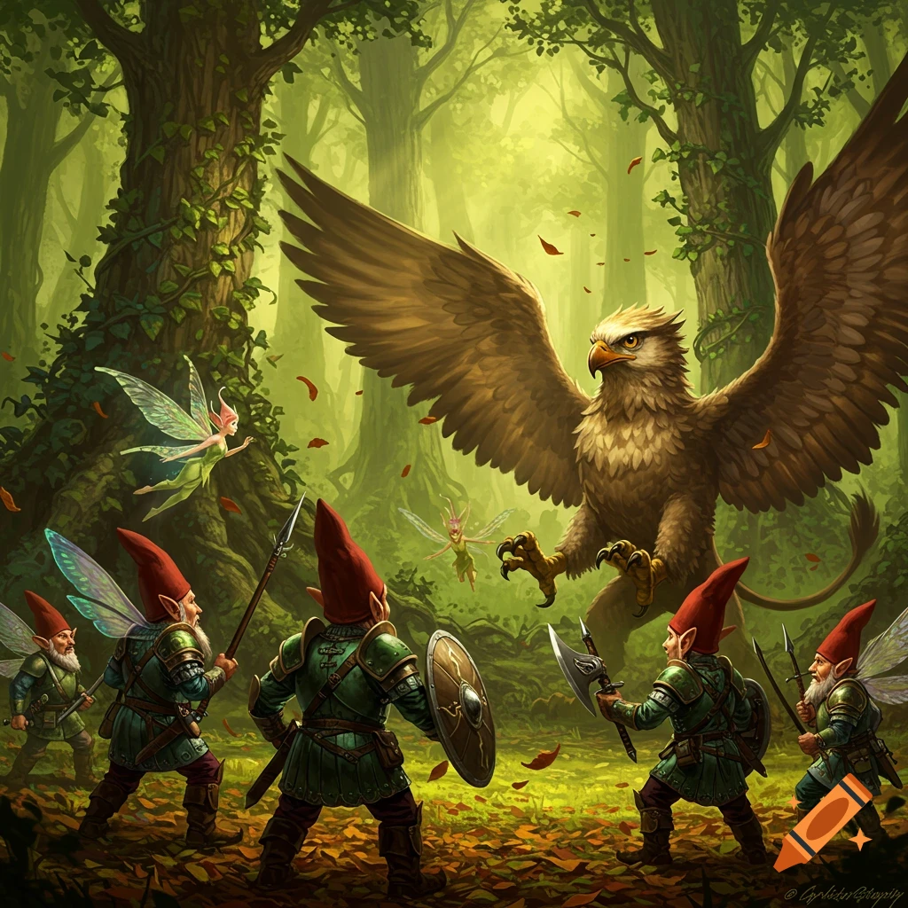 Gnomes and pixies prepare to fight a majestic griffin in a magical, sunlit fantasy forest.