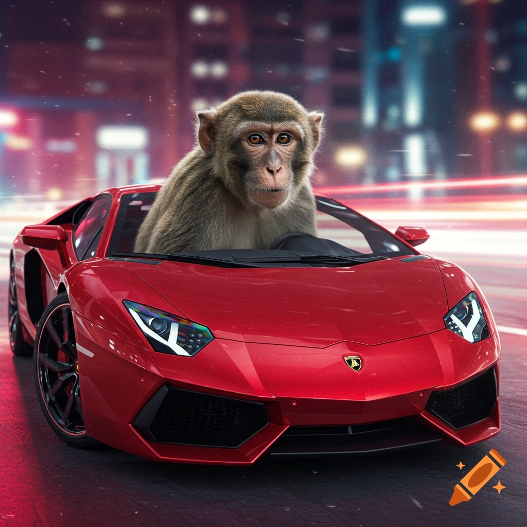 A photorealistic monkey drives a red Lamborghini through a city at night, with blurred lights in the background.
