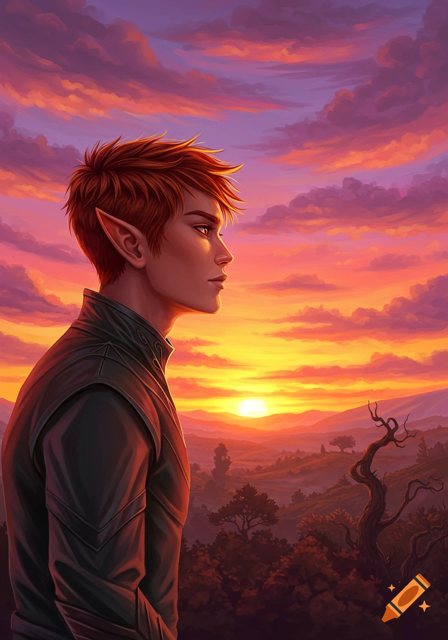 Stylized portrait of a young elf man with fiery orange hair looking over a vibrant sunset landscape.