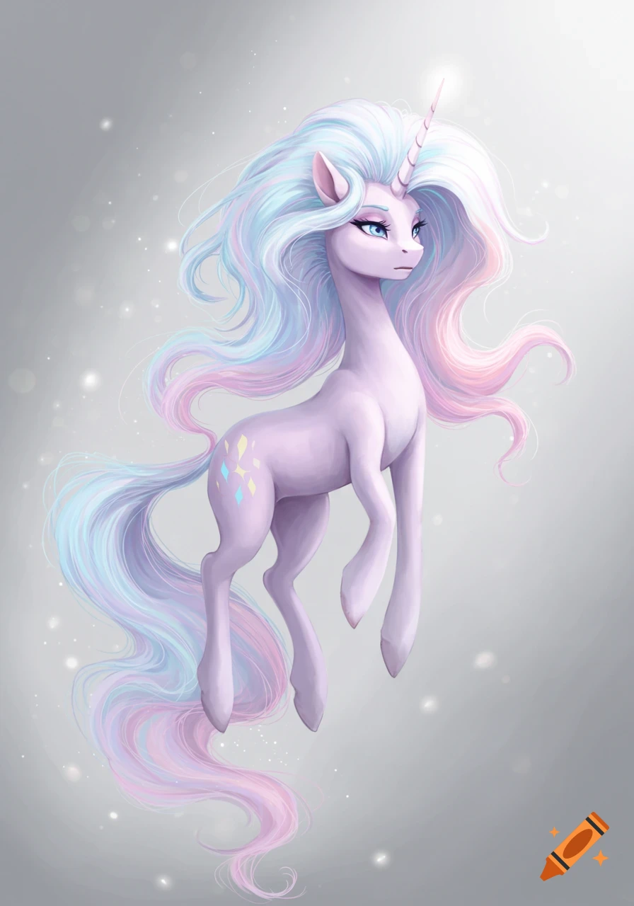 A stylized purple unicorn with long pastel pink and blue mane and tail, floats against a sparkling grey background.