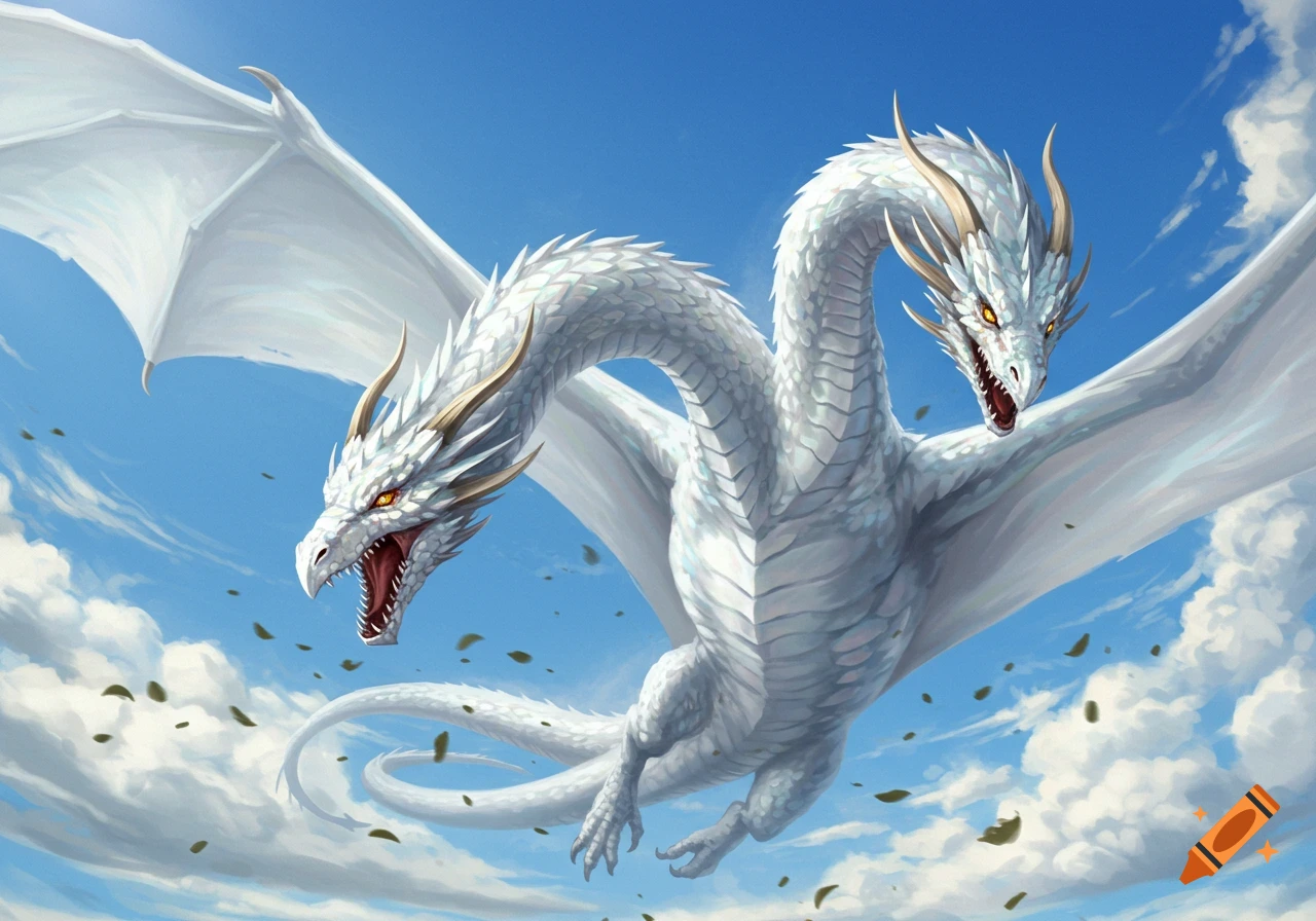 A two-headed white dragon with gold horns and orange eyes flies majestically in a blue sky with white clouds.