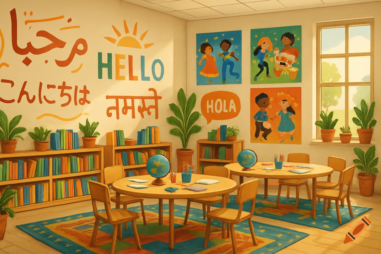 A vibrant classroom featuring multilingual greetings like 'HELLO' and 'HOLA' on walls, diverse children's art, and small tables.