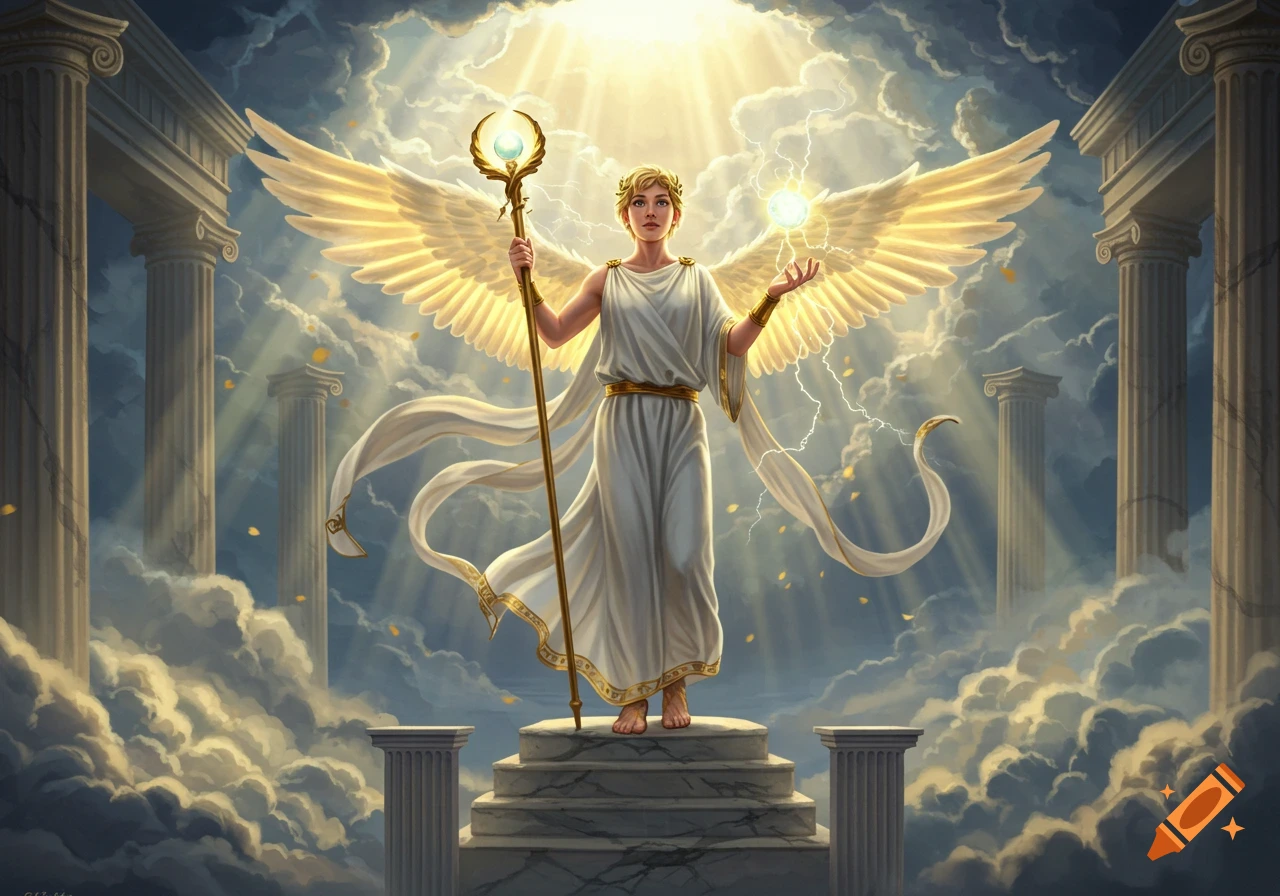 A majestic winged figure in a white toga stands on a classical altar in the sky, holding a glowing staff and orb, bathed in divine light.