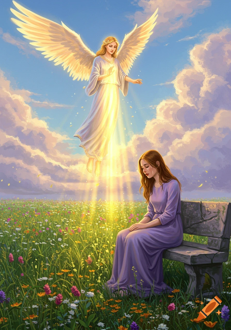 An angel with large wings descends from a cloudy sky, shining light on a sad woman sitting on a bench in a vibrant flower meadow.