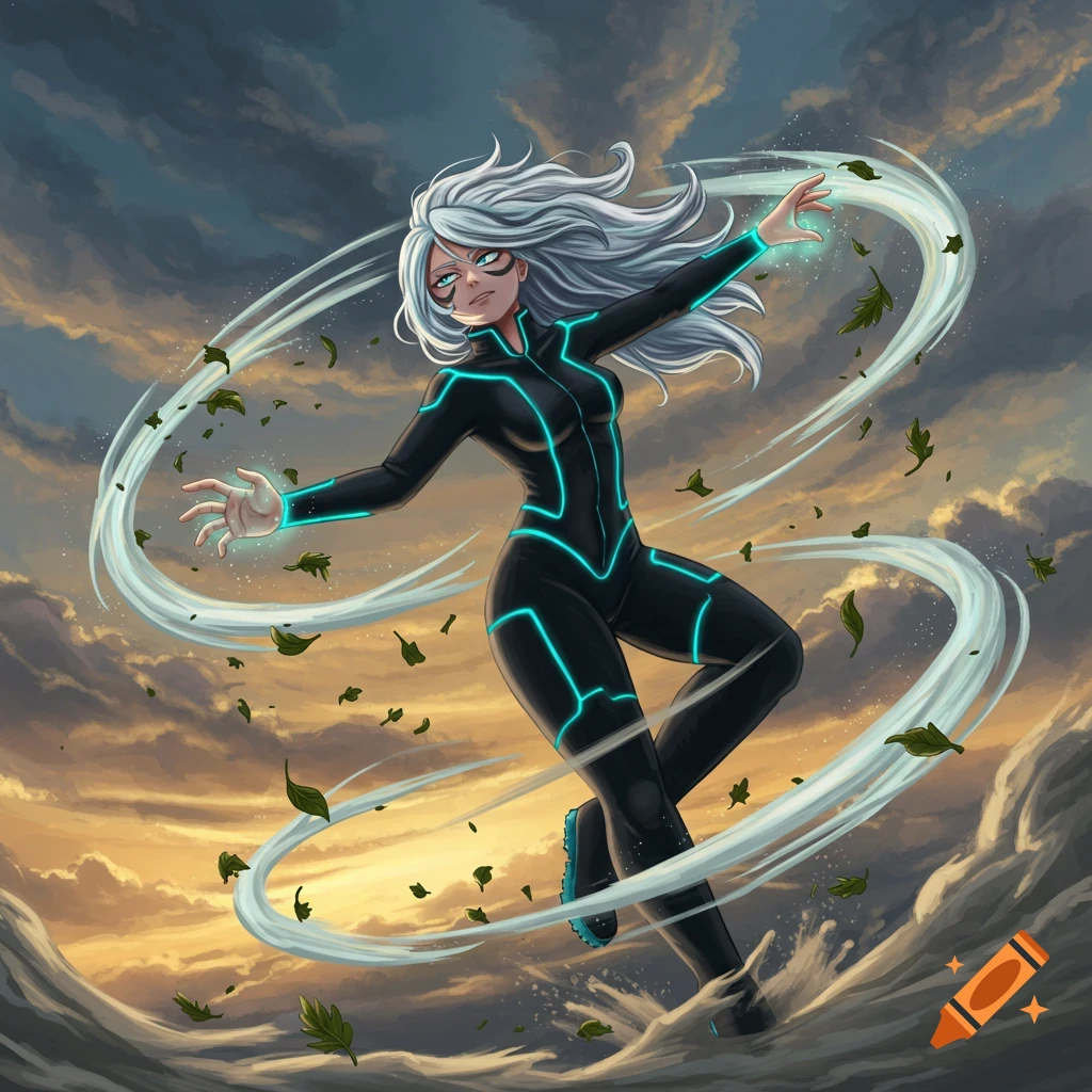 Anime-style female superhero with white hair in a black and blue suit, hovering and manipulating wind and leaves against a stormy sunset sky.