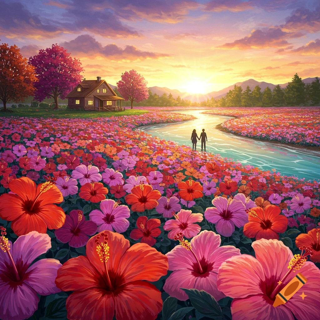 Colorful field of hibiscus flowers by a river with a couple holding hands, a house in the background, all under a vibrant sunset.