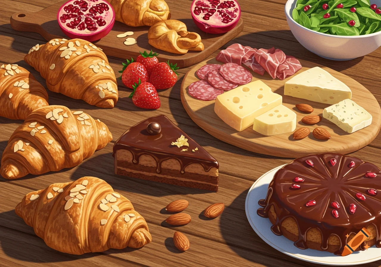 A vibrant spread of croissants, pomegranates, strawberries, cold cuts, cheeses, almonds, and chocolate cakes on a wooden table.