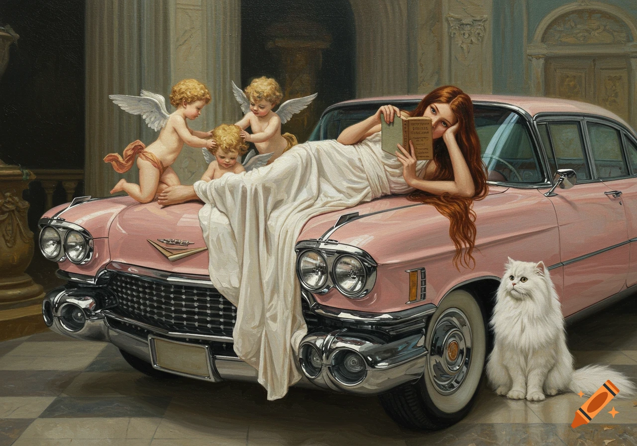 Neoclassical oil painting of a woman in white on a pink Cadillac with cupids, a book, and a white cat.