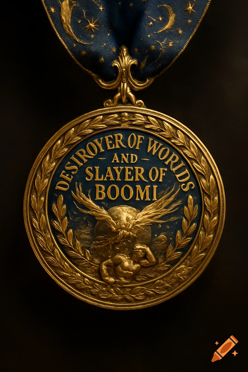 A detailed golden medal with a blue ribbon, featuring the embossed text 'DESTROYER OF WORLDS AND SLAYER OF BOOMI' and an emblem of an eagle and a figure.