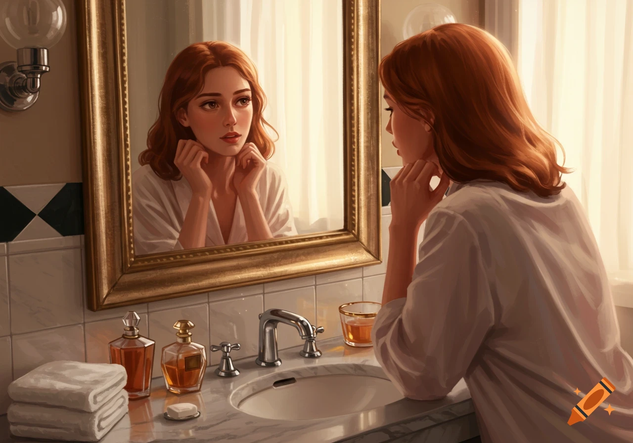 Illustrated digital painting of a woman with red hair looking into a bathroom mirror, her reflection visible.