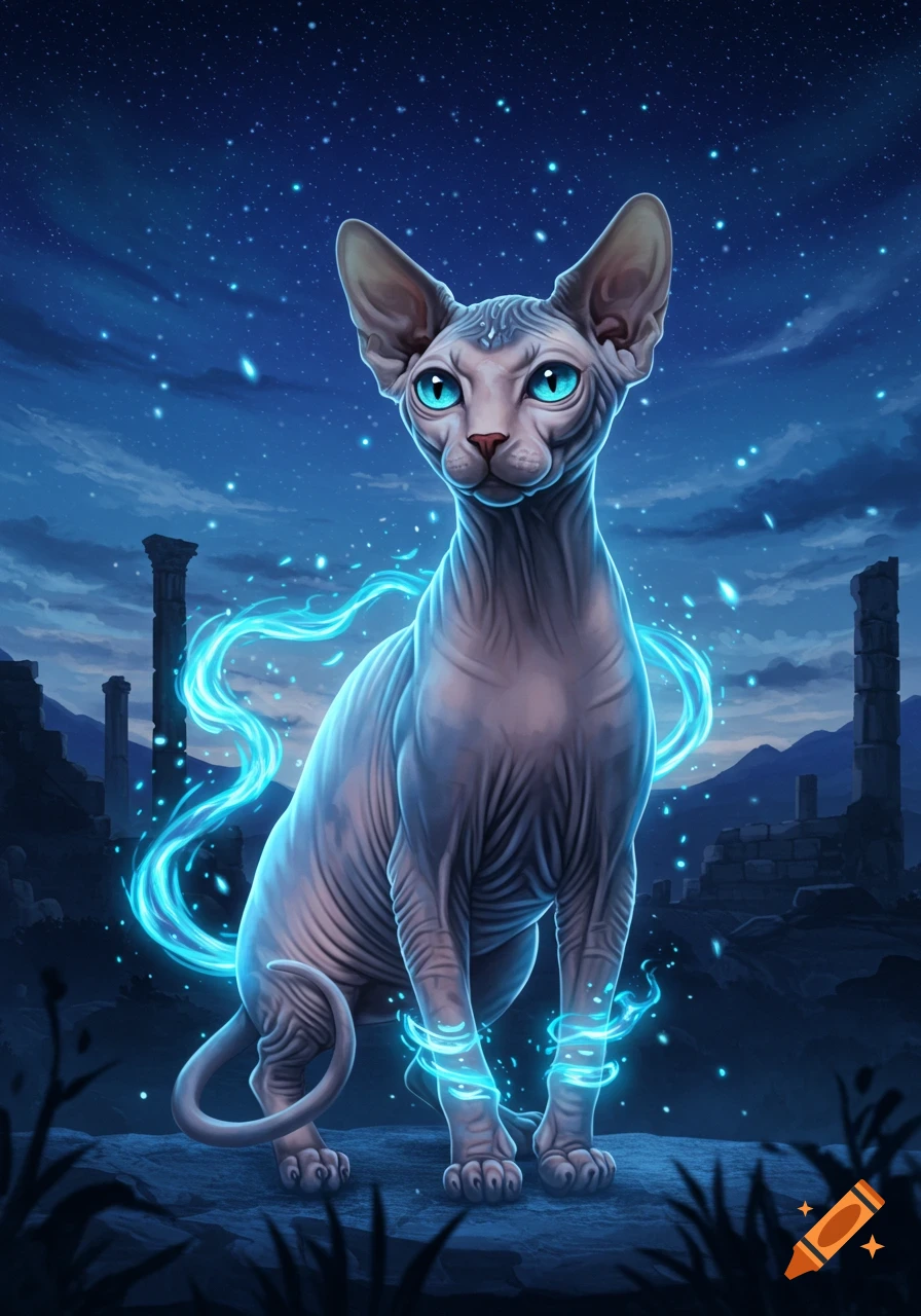 A mystical Sphynx cat with glowing blue energy and bright blue eyes sits amidst ancient ruins under a starry night sky.