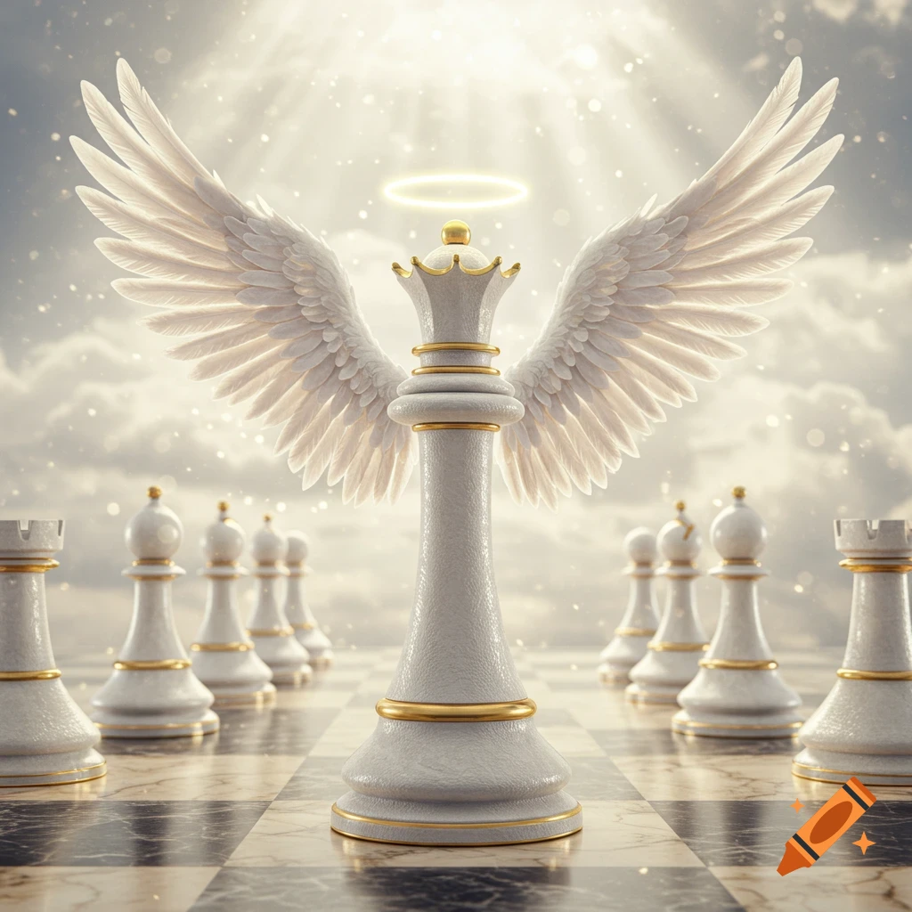 A majestic white queen chess piece with large white wings and a glowing halo, standing on a marble chessboard under a bright, cloudy sky.