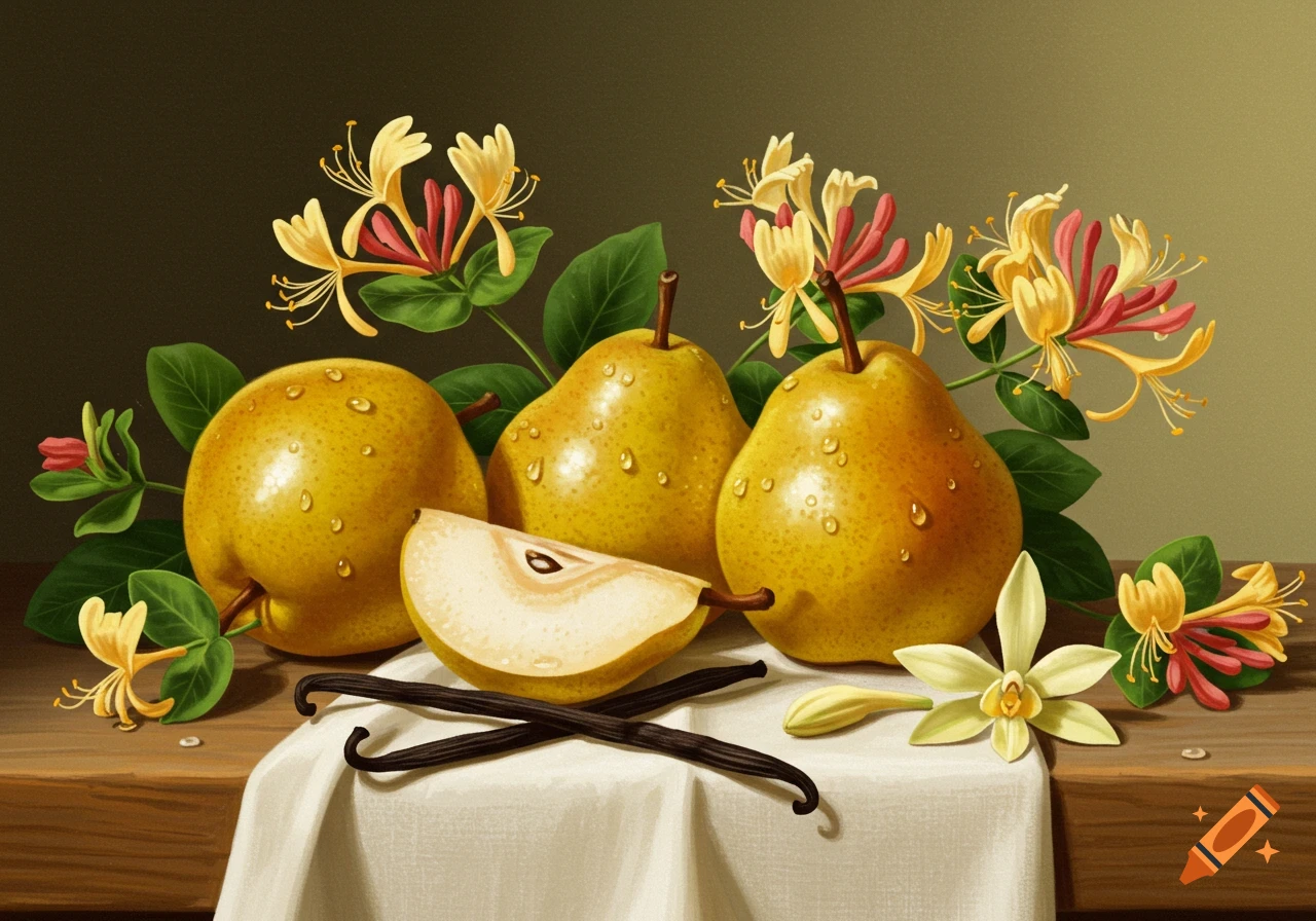 A still life painting of three yellow pears with water droplets, a sliced pear, honeysuckle flowers, and vanilla beans on a white cloth.