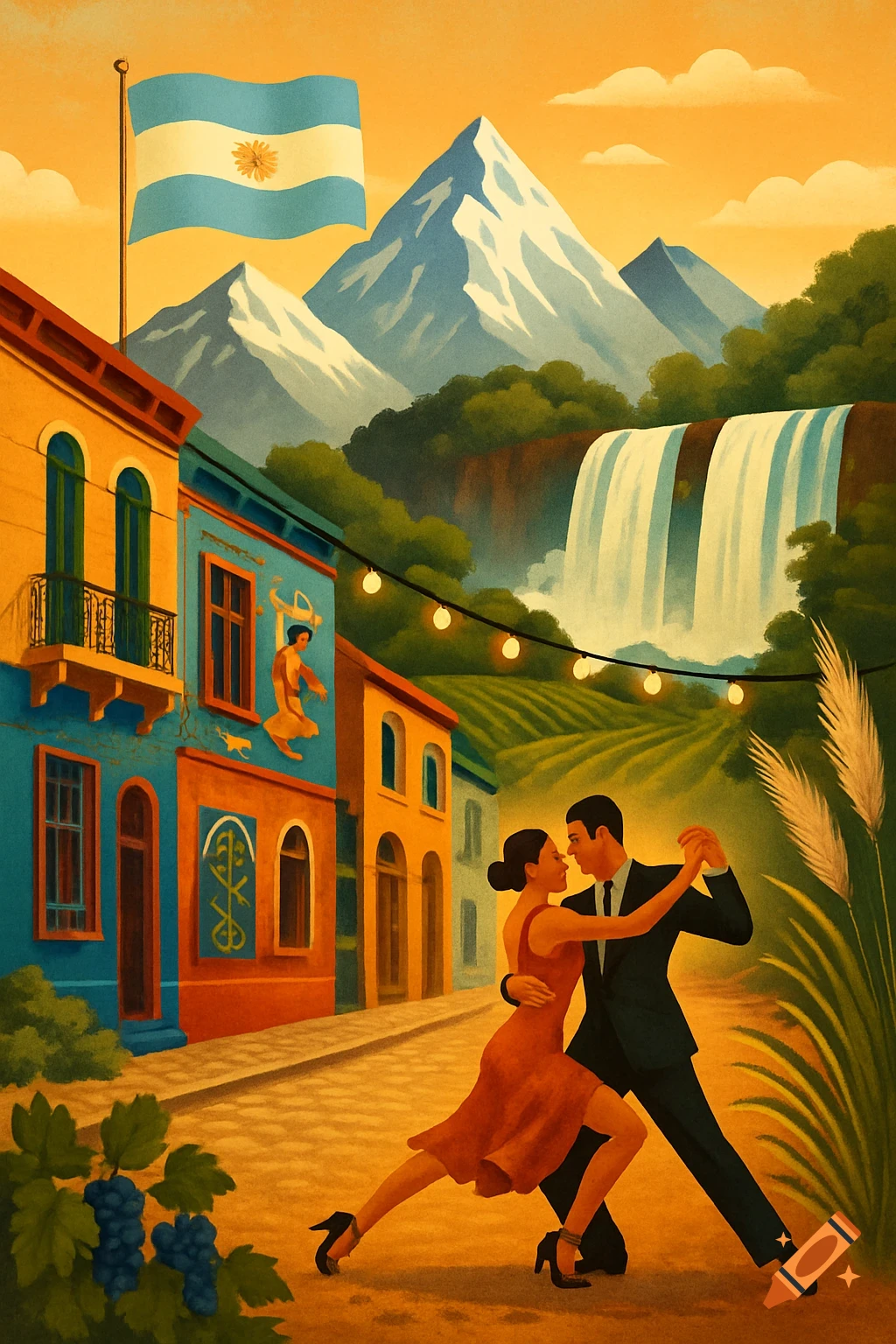 Stylized illustration of a couple dancing tango on a street with colorful buildings, an Argentinian flag, mountains, and a waterfall.