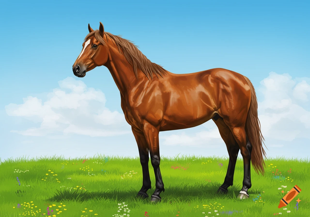 A brown horse with a white blaze stands in a vibrant green meadow under a clear blue sky with white clouds, in an illustrative style.