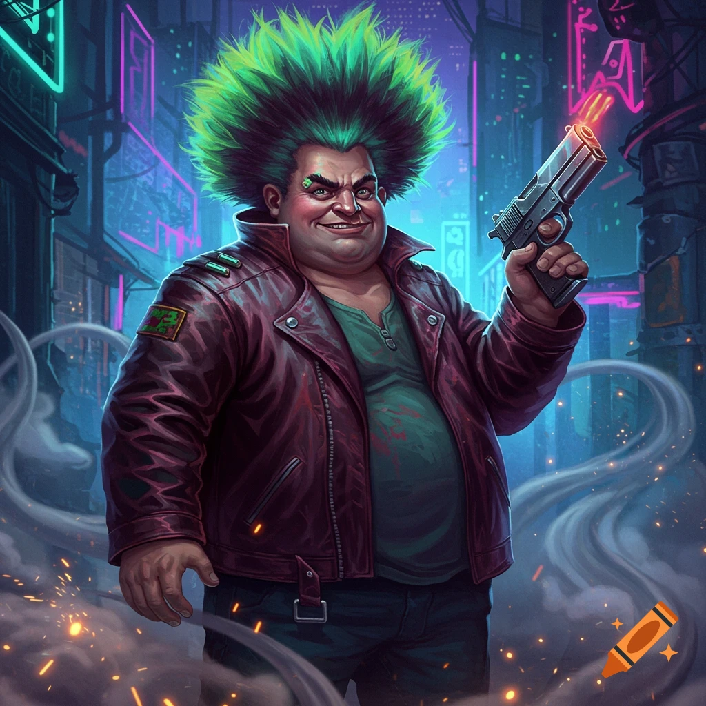 A grinning, stout man with wild green hair and a maroon leather jacket holds a smoking pistol in a neon-lit cyberpunk city alley, cartoon style.
