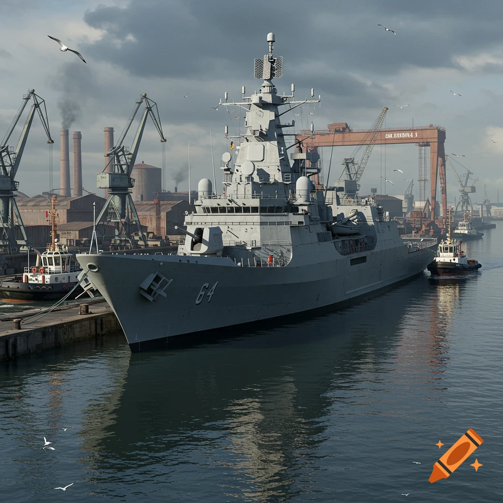 A grey military frigate docked in a busy industrial harbor with large cranes, factories, and tugboats under a cloudy sky.