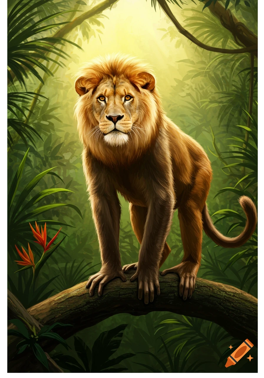 A lion-monkey hybrid stands on a tree branch in a lush, sunlit jungle, digital illustration.