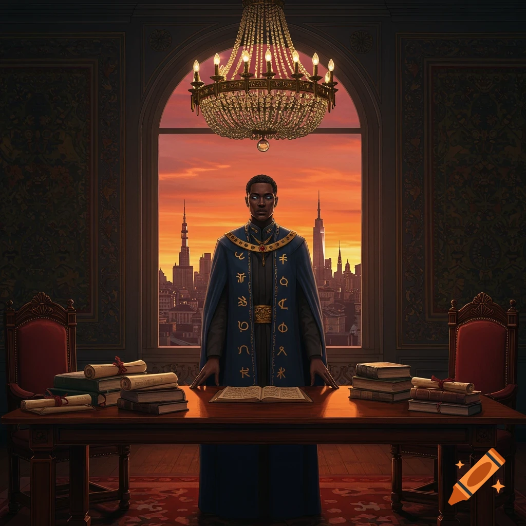A man in a blue and gold ceremonial robe with glowing white eyes stands behind a desk in a grand room, overlooking a cityscape at sunset.