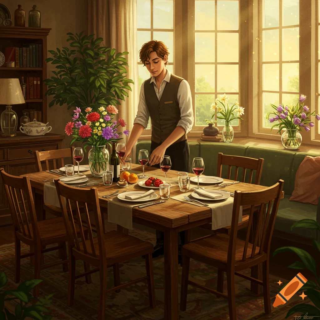 A young man in a vest sets a dinner table with plates, wine glasses, and flowers in a sunlit dining room.