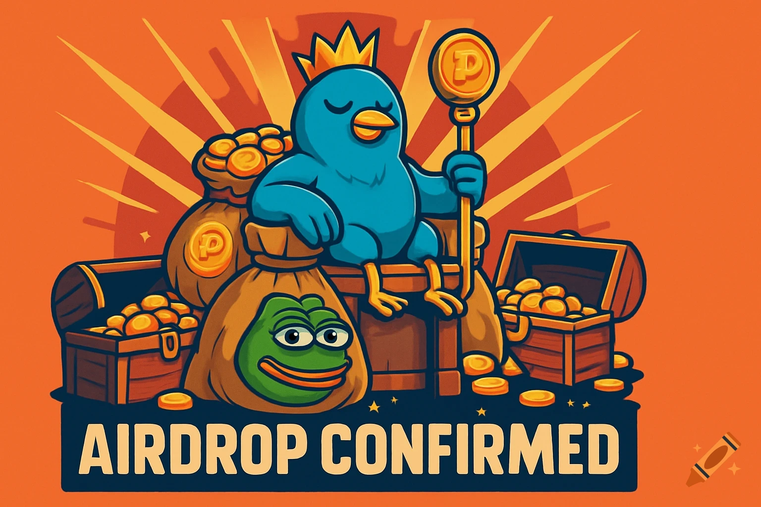 Cartoon blue bird king on coin bags with Pepe, 'Airdrop confirmed' text, digital illustration.