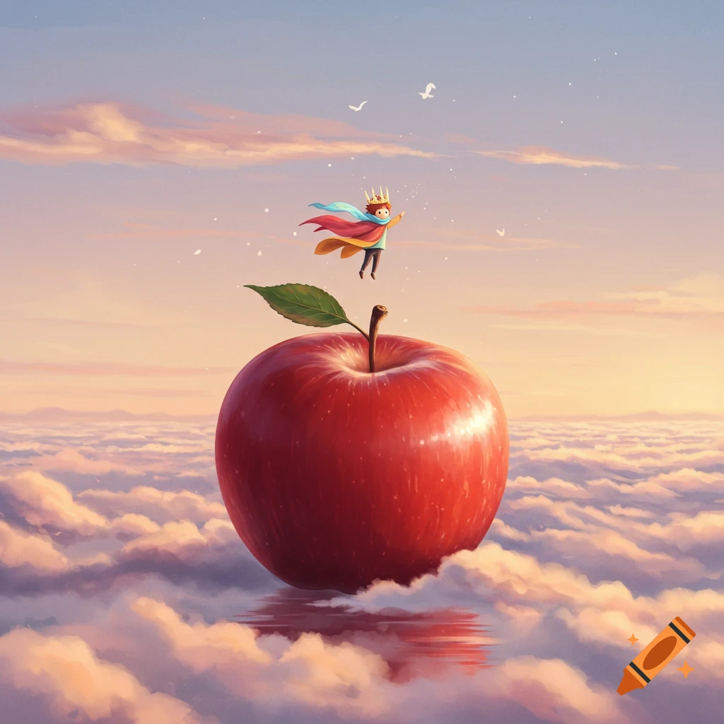 A tiny crowned figure in a colorful cape hovers above a huge red apple resting on a sea of clouds under a pastel sunset sky. Illustrative.