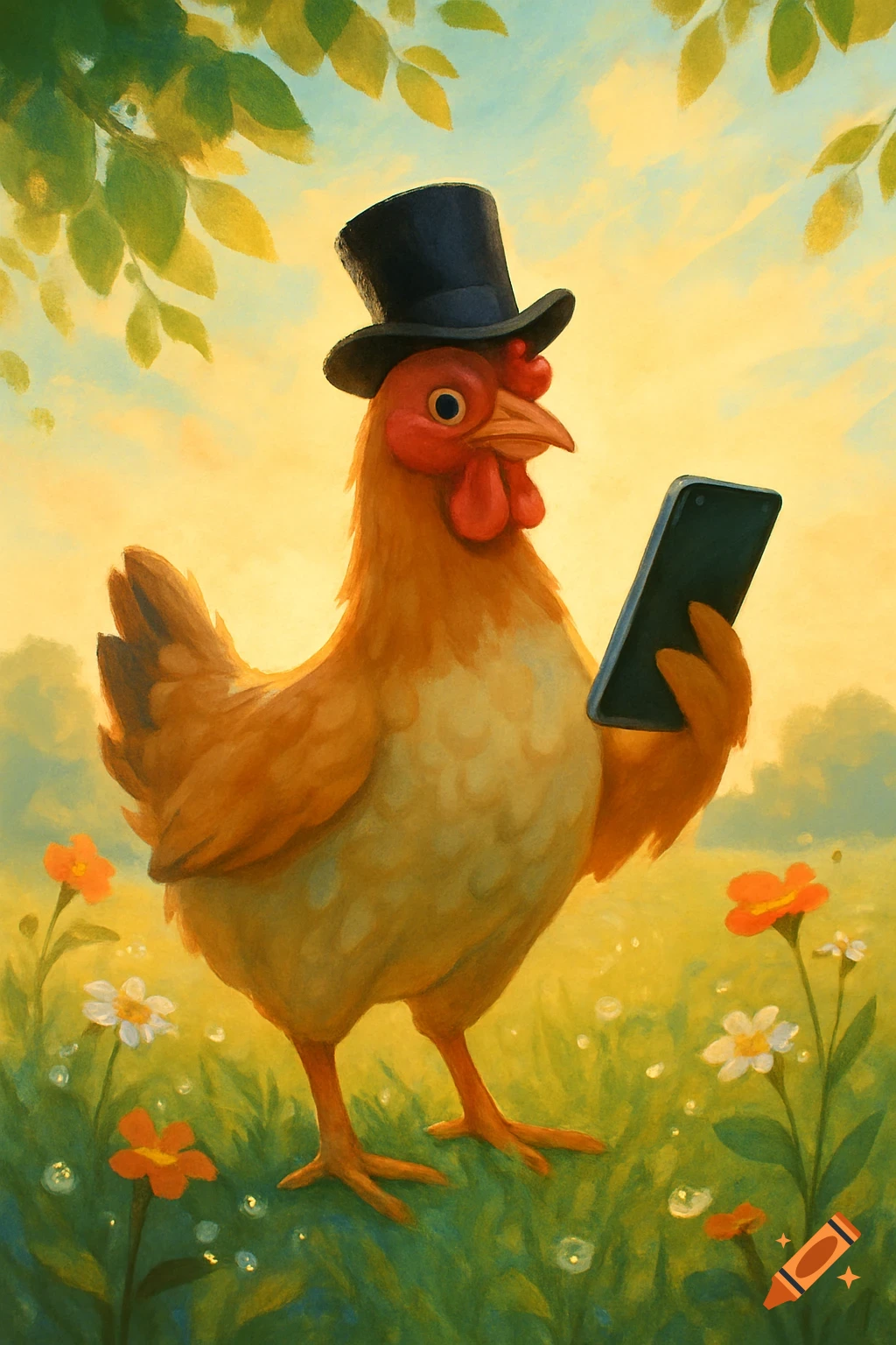A whimsical painterly illustration of a chicken wearing a top hat, holding a smartphone, standing in a sunny field with flowers.