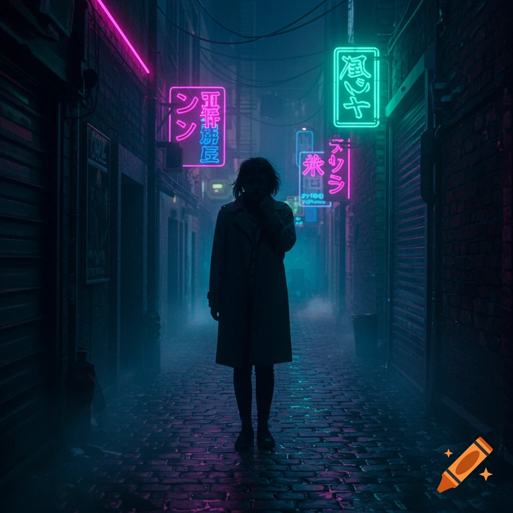 A lone figure stands in a dark, misty cyberpunk alley illuminated by glowing neon signs.