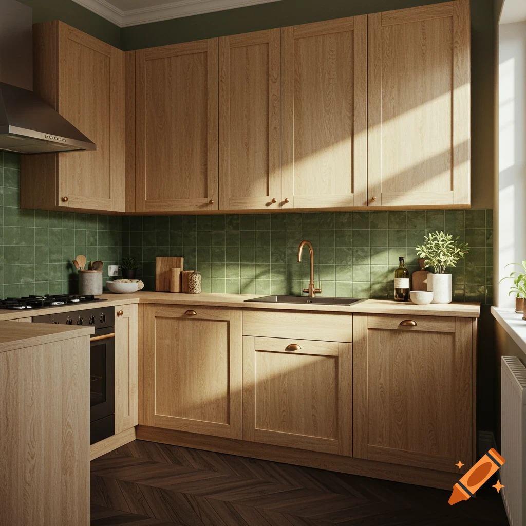 Modern kitchen with light wood cabinets, dark wood floors, sage green tiled backsplash, and bronze hardware. Photorealistic.