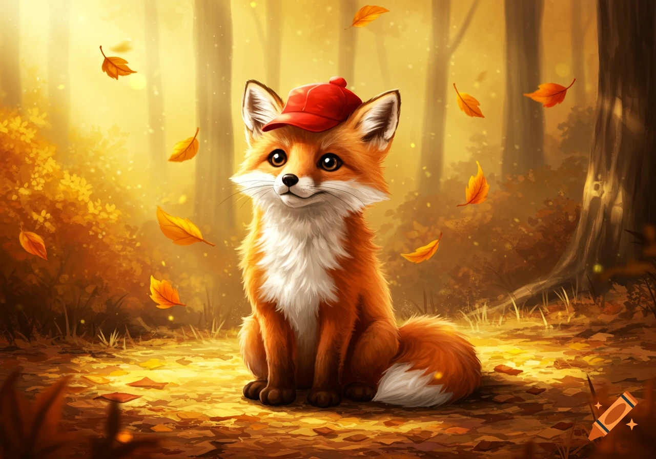 A cute, stylized red fox wearing a red baseball cap sits in an autumn forest with falling golden leaves.