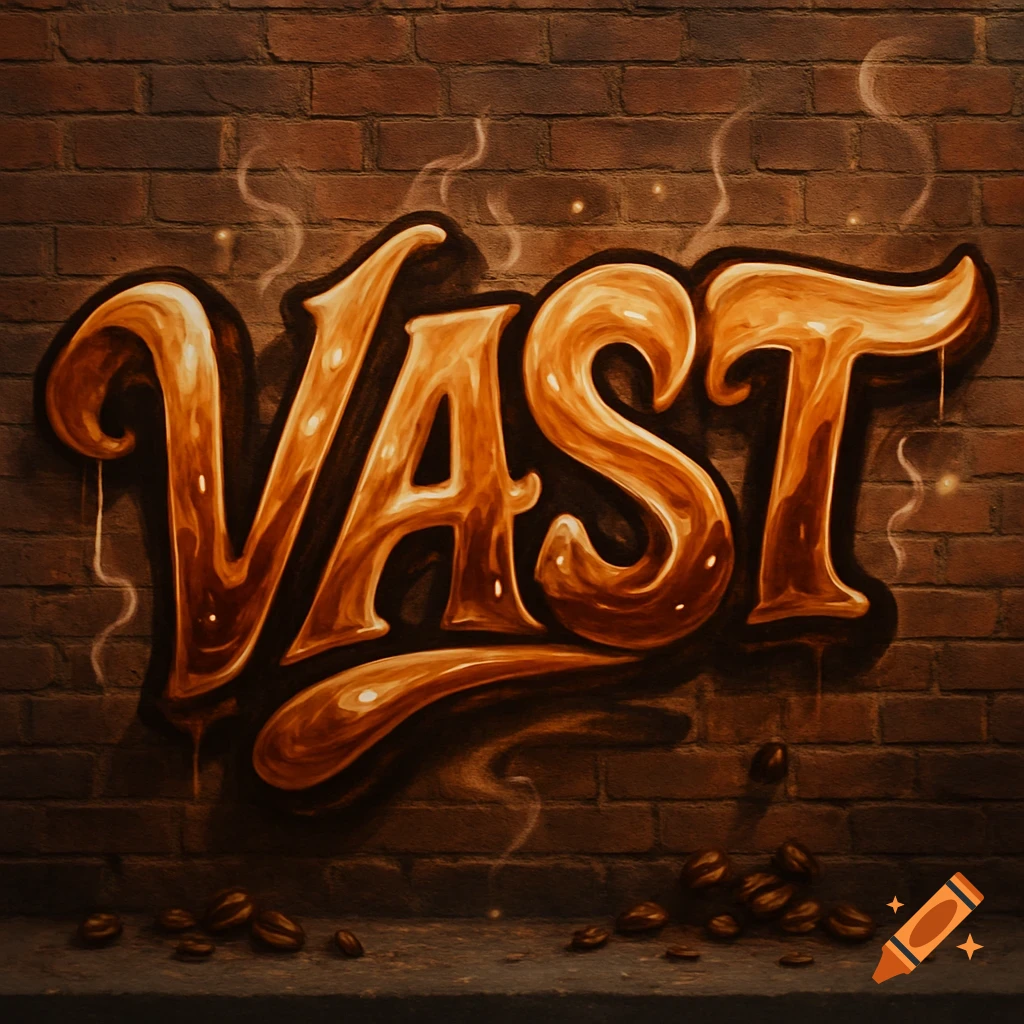Coffee-themed graffiti spelling "VAST" on a brick wall, with coffee beans scattered below.
