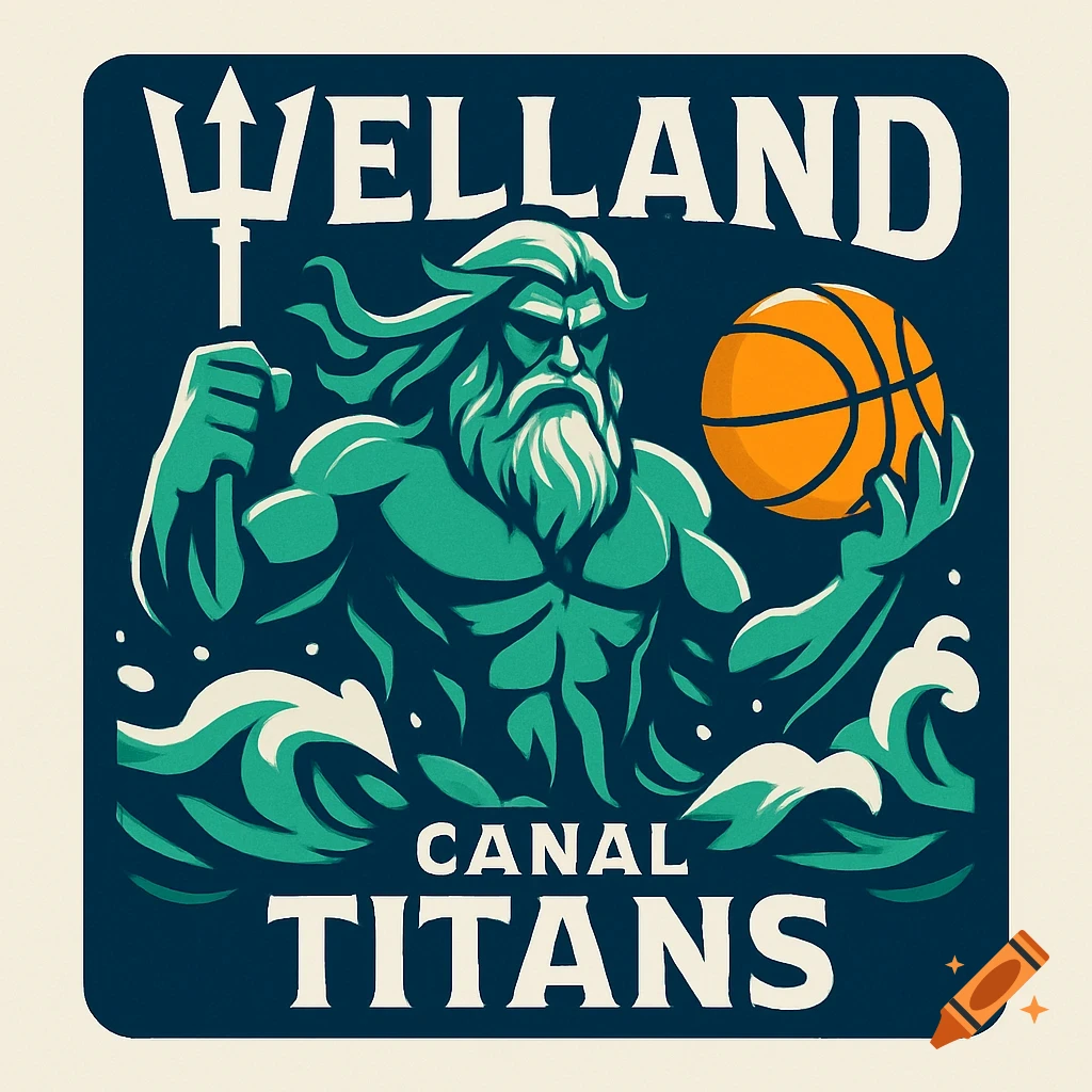 Bold vector logo of a mythical water titan holding a trident and basketball, emerging from waves. Text reads "WELLAND CANAL TITANS".