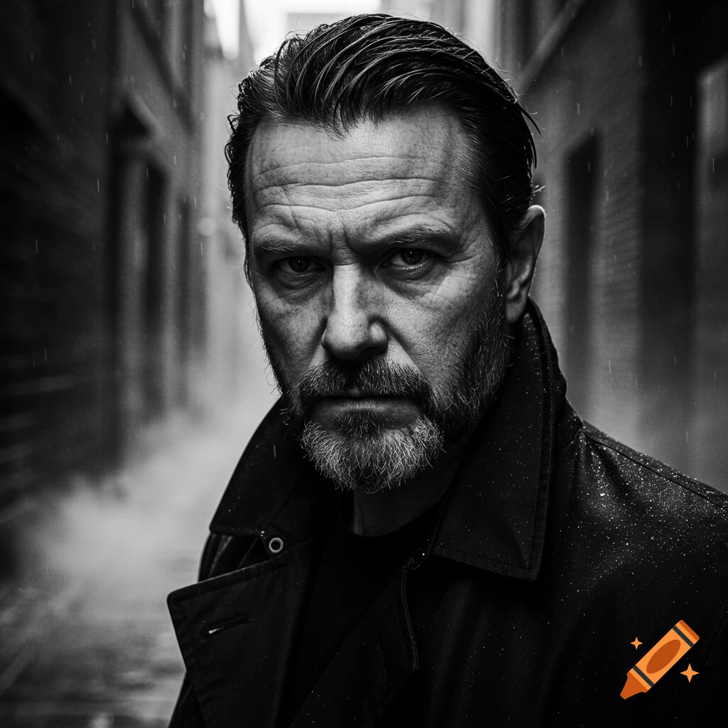 Close-up black and white portrait of a serious man with a beard and wet hair, wearing a trench coat in a rainy alley.