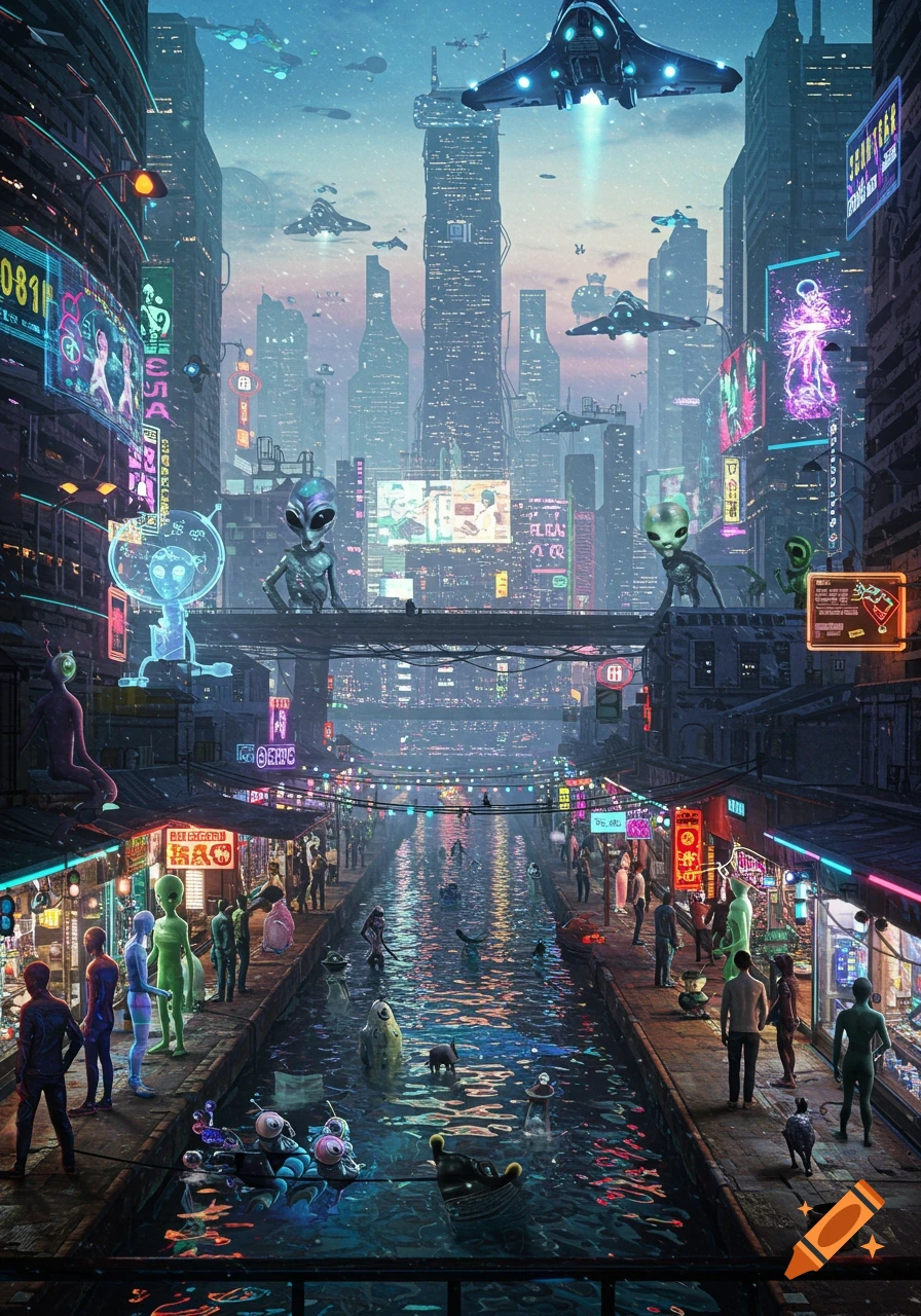 A vibrant, futuristic city at night with neon signs, flying vehicles, and a canal. Aliens and humans walk below tall skyscrapers.