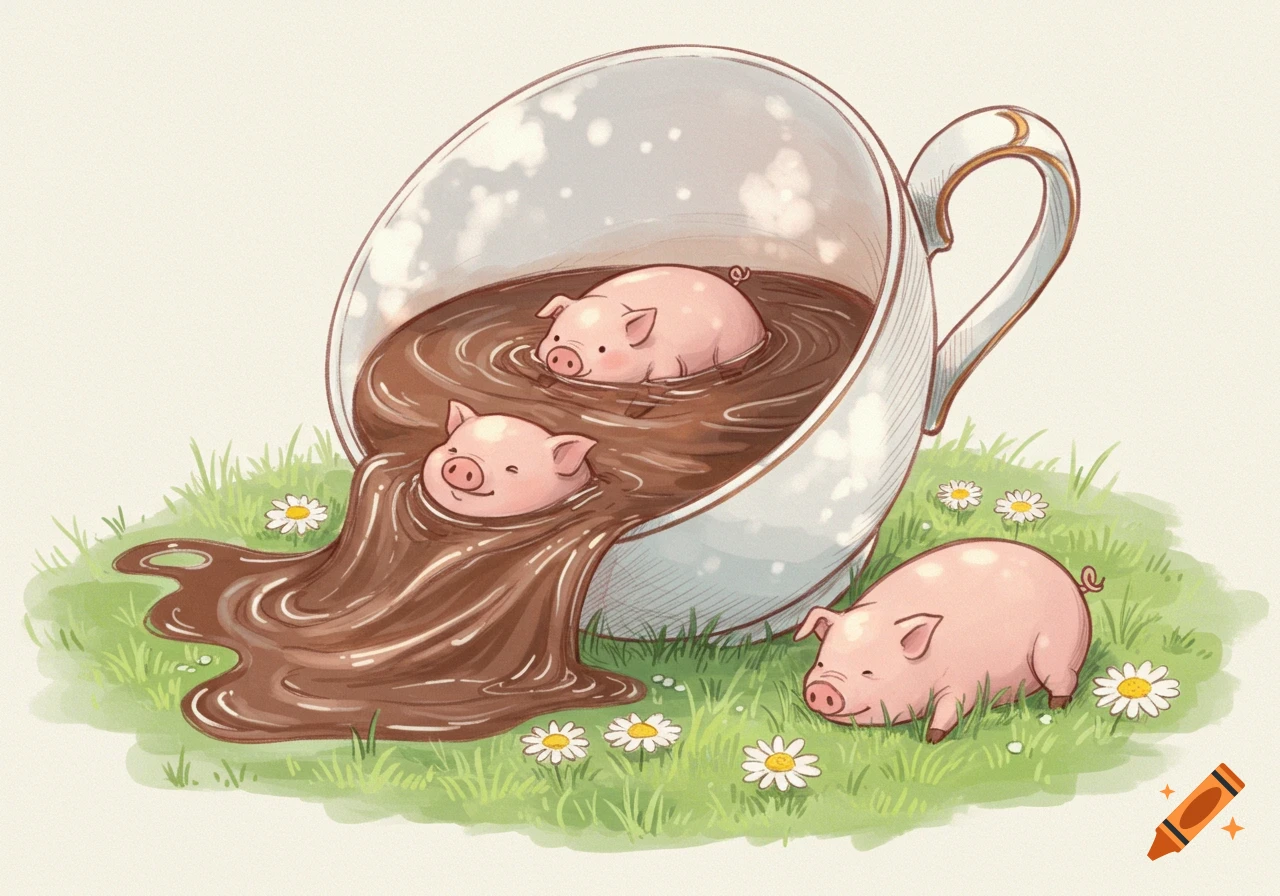 Whimsical illustration of pigs playing in chocolate milk spilling from a teacup onto grass with daisies.