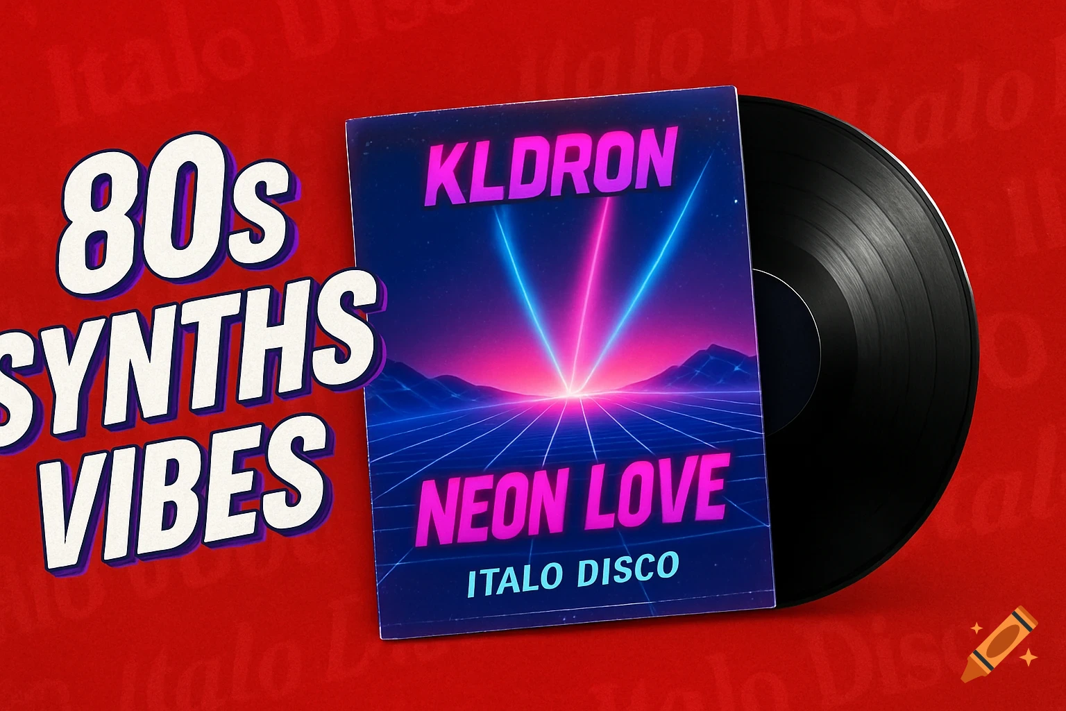 Vibrant 80s synthwave thumbnail: '80s Synths Vibes' text, record sleeve for 'KLDRON Neon Love Italo Disco', and a vinyl.
