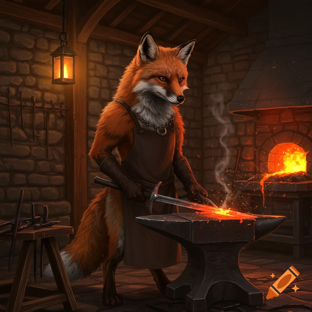 An anthropomorphic red fox blacksmith, wearing an apron, holds a sword over an anvil, with sparks flying in a dark stone forge.