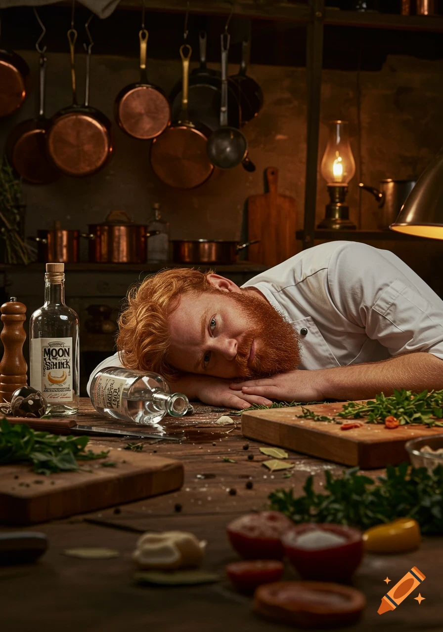 A red-headed bearded chef rests his head on a rustic wooden table amidst cooking ingredients and bottles, one labeled 'MOON SHINE', in a dim kitchen.