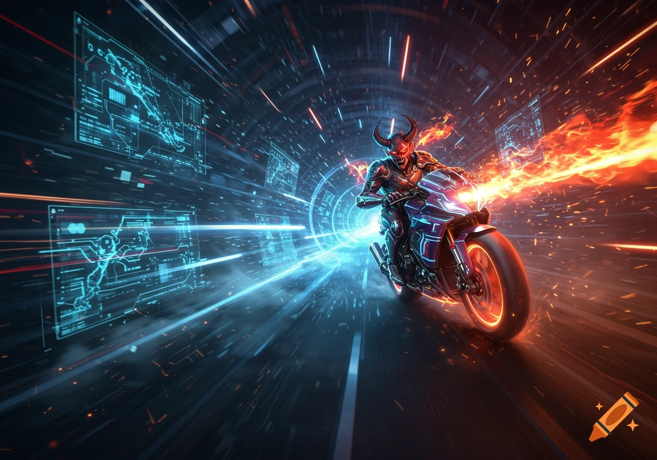 A demonic biker with horns rides a futuristic motorcycle through a glowing blue and red tunnel with data screens, emitting flames.