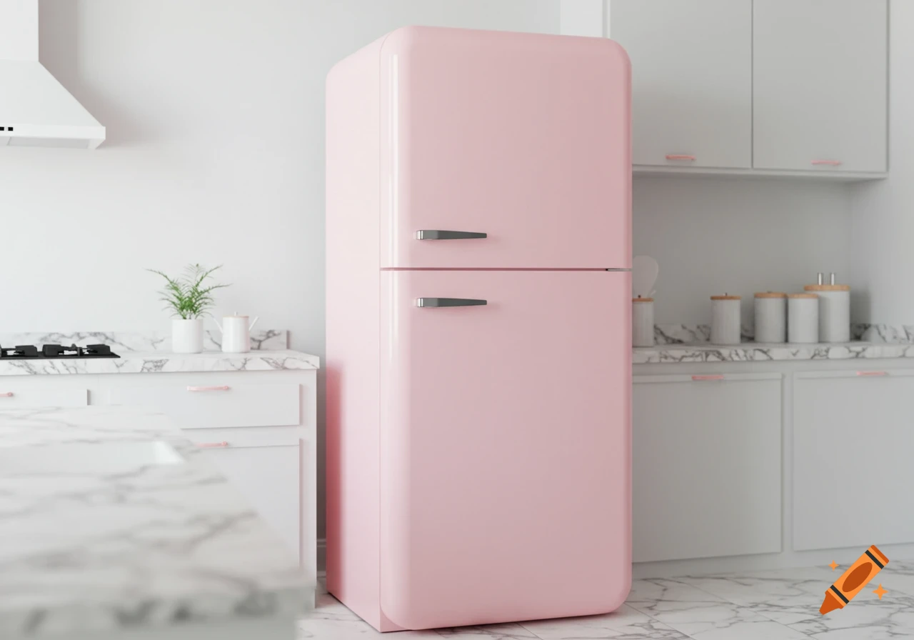 A photorealistic image of a baby pink retro refrigerator in a modern kitchen with white cabinets and marble countertops.