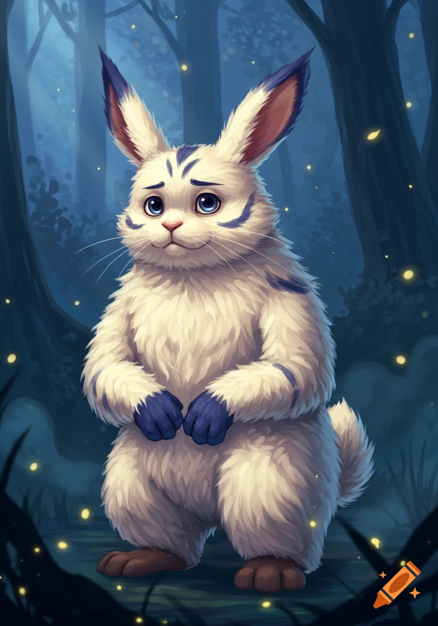 A fluffy white rabbit-like creature with blue markings and big ears looks shyly forward in a dark, glowing forest illustration.