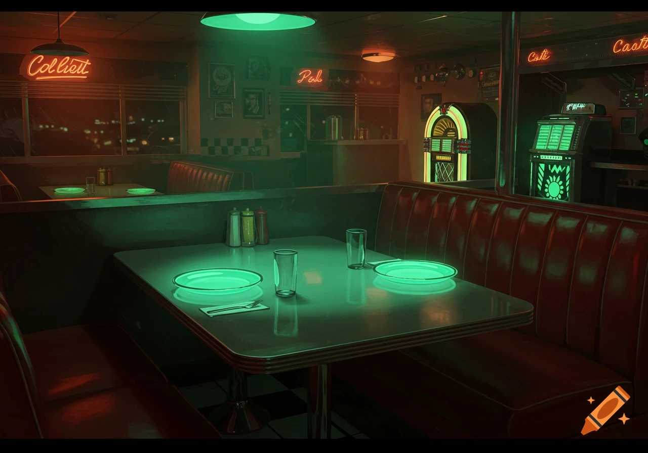 A stylized 1950s American diner interior with red booths, chrome details, and green glowing "uranium glass" plates on a table.