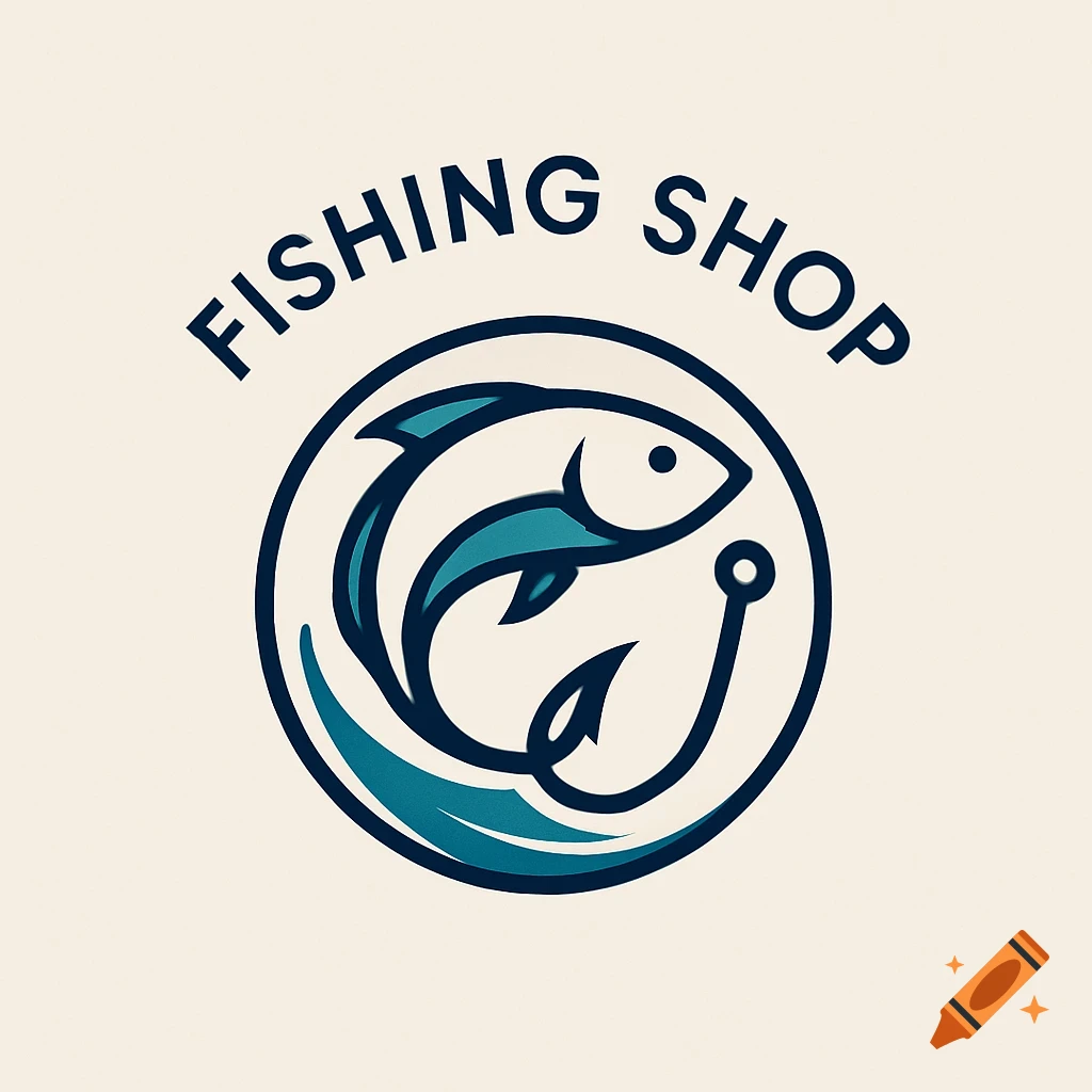 Minimalist logo for a fishing shop with a blue fish and a fishing hook inside a circle, text 'FISHING SHOP' above.